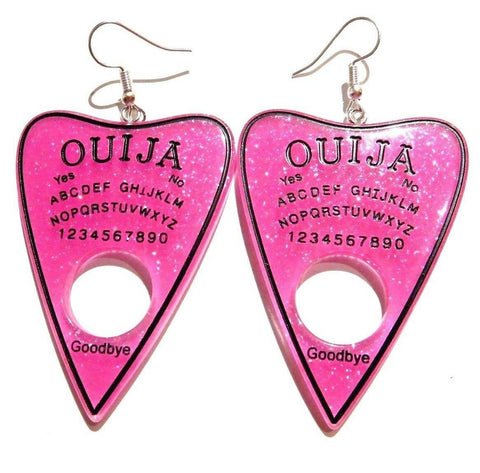 Ouija Spirit Board Planchette Earrings in Pink Sparkle