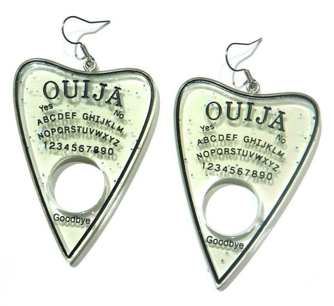 Ouija Spirit Board Planchette Earrings in Gray Sparkle